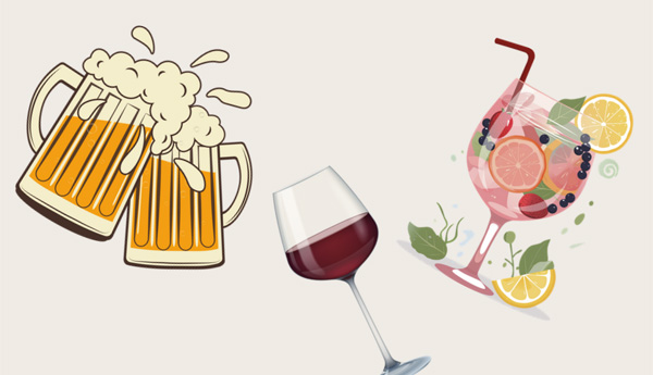 Beer, wine and cocktail graphic
