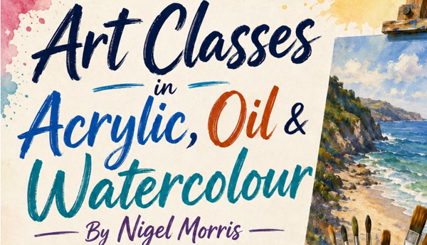 Poster with Art Classes in Acrylic Oil and Watercolour by Nigel Morris. Picture of seascape on righht-side with tips of brushes showing.