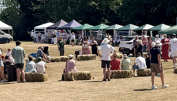 A picture of people at the dog show ring and stalls in the background.