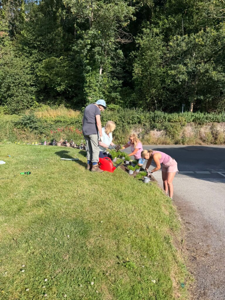 Four ladies planing flowers in the bed outside GVH