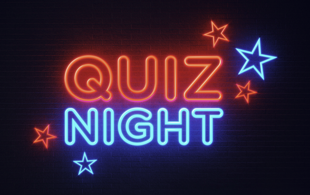 Neon red and blue Quiz Night on a black background